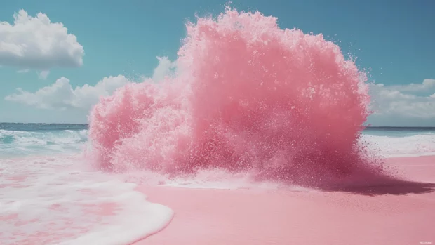 A pink wave hits the shore of a pink beach, creating soft pink foam.
