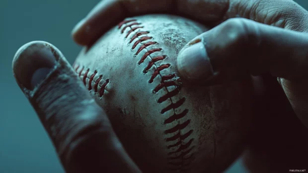 A pitcher gripping the seams of a baseball.
