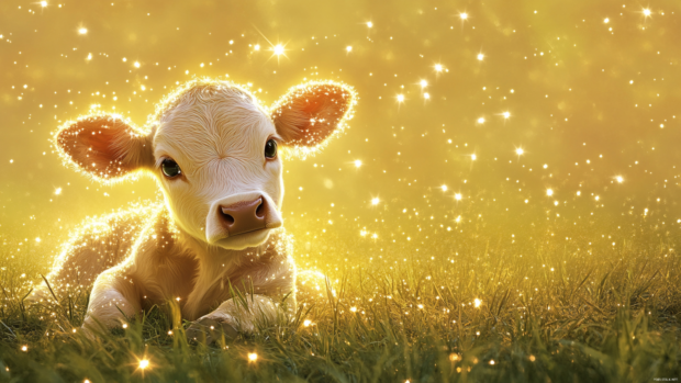 A playful calf with sparkles around in this Cute baby cow phone wallpaper.