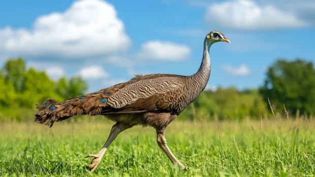 A playful moment as a young peacock hops through tall summer grass under a blue sky.