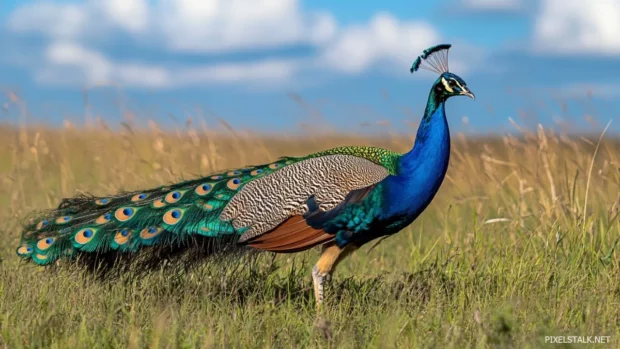 A playful moment as a young peacock hops through tall summer grass under a blue sky.