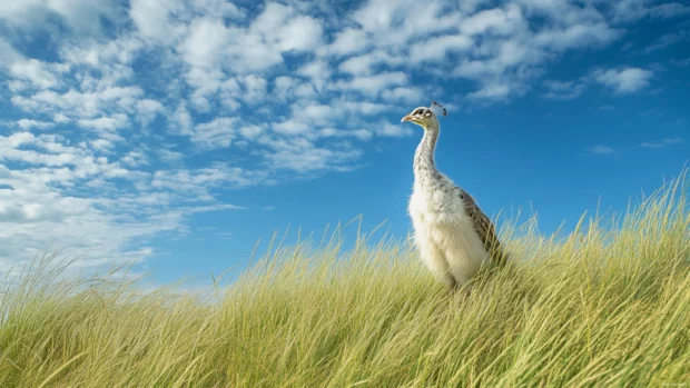 A playful moment as a young peacock hops through tall summer grass under a blue sky.