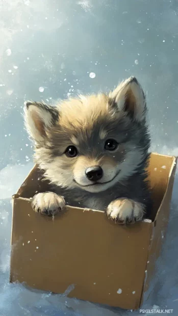 A playful wolf pup hiding inside a floating cardboard spaceship, ideal for a cute wolf iPhone wallpaper.