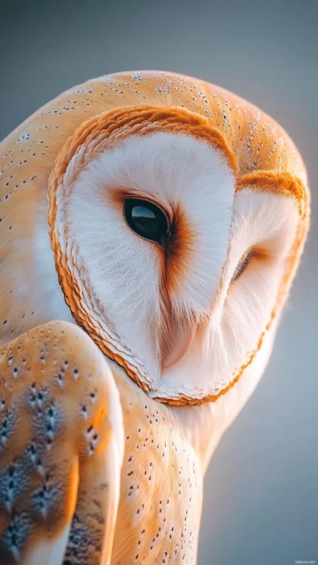 A portrait crop of a barn owl in profile, its white heart shaped face glowing softly.