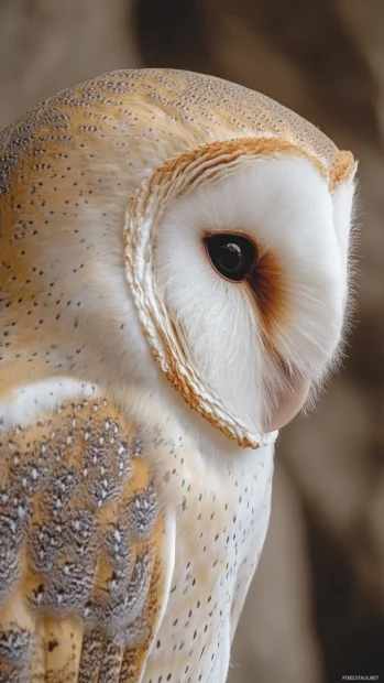 A portrait crop of a barn owl in profile, its white heart shaped face glowing softly.