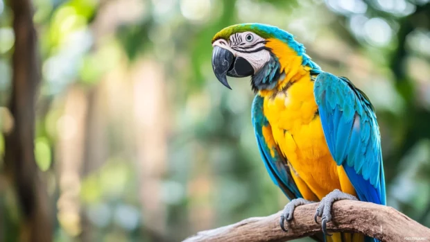 A portrait style capture of a macaw sitting calmly with a muted rainforest backdrop.