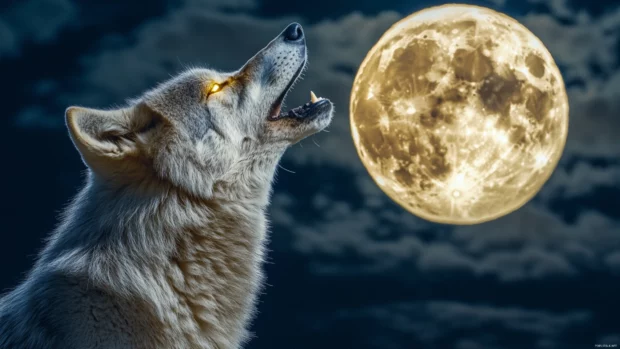 A powerful alpha wolf with glowing eyes howling at the moon.