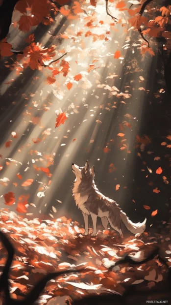 A powerful anime scene where the wolf bursts through a wall of light surrounded by leaves.