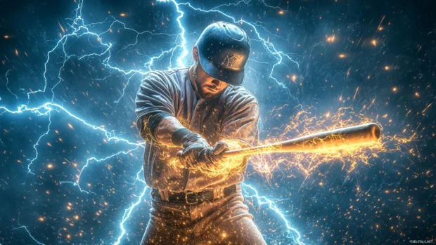 A powerful baseball player surrounded by lightning, static energy crackling from their bat.