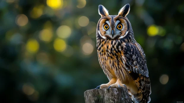 A powerful portrait of a long eared owl set against a dark blurred forest.