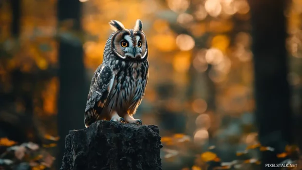 A powerful portrait of a long eared owl set against a dark blurred forest.
