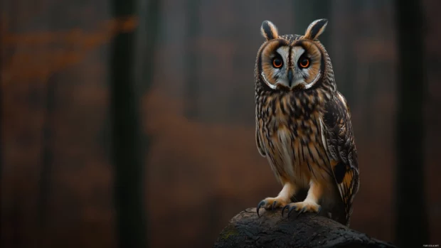 A powerful portrait of a long eared owl set against a dark blurred forest.