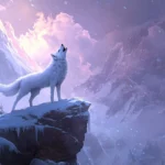 A powerful scene of an anime style white wolf howling on a snowy cliff with dramatic lighting.
