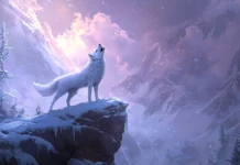 A powerful scene of an anime style white wolf howling on a snowy cliff with dramatic lighting.