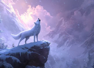 A powerful scene of an anime style white wolf howling on a snowy cliff with dramatic lighting.