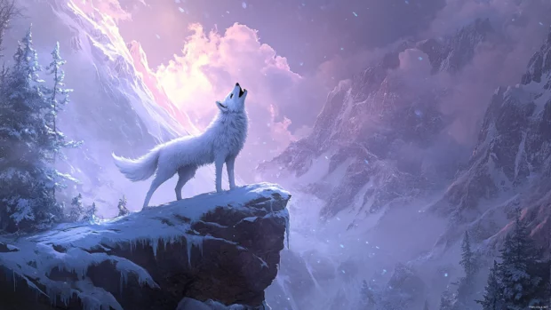 A powerful scene of an anime style white wolf howling on a snowy cliff with dramatic lighting.