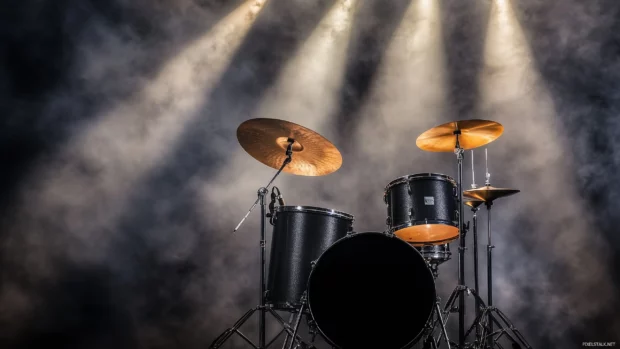 A powerful shot of a drum set with black and silver finishes, illuminated by dramatic stage lights, creating a dynamic atmosphere typical of a heavy metal concert.