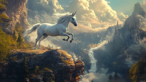 A powerful unicorn leaps over a canyon in this 4K unicorn wallpaper edition.