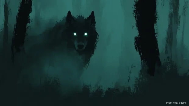 A powerful wolf emerging from misty shadows in an enchanted forest.
