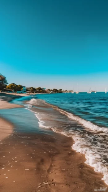 A preppy beach with a picturesque boardwalk, sailboats in the distance.