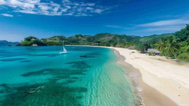 A pristine Fiji beach with crystal clear turquoise waters and white sand, surrounded by lush palm trees.