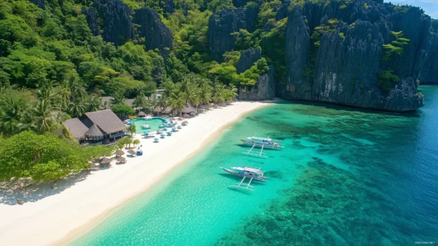 A pristine beach with crystal clear turquoise waters and white sand.