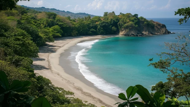 A pristine tropical beach with turquoise waters and white sand.