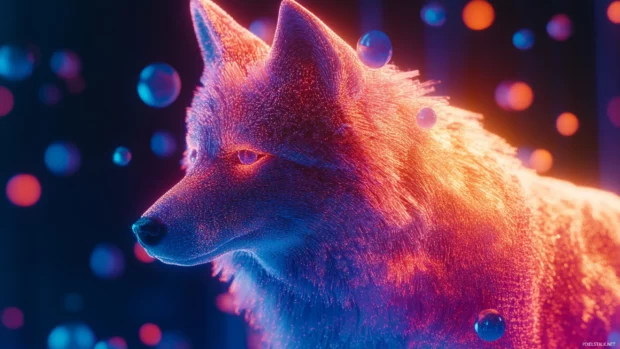 A psychedelic style wolf composed of glowing orbs and motion blur streaks.