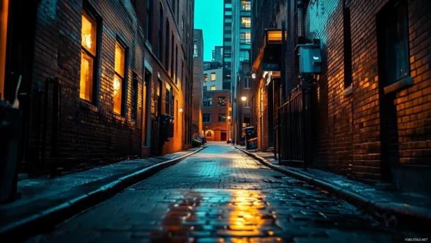 A quiet alley in the city at night with warm light spilling from nearby windows  .