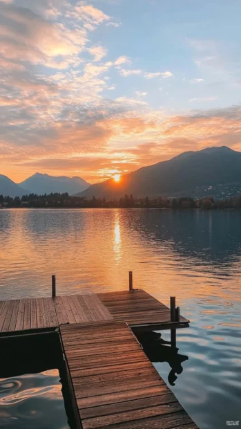A quiet dock over the lake with golden sunrise view iPhone lockscreen.
