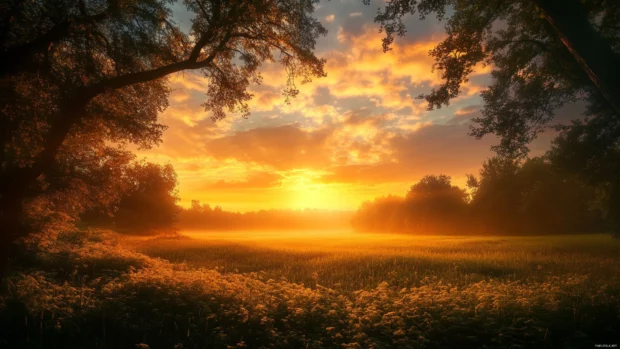 A quiet field sits beneath glowing clouds touched by morning rays.
