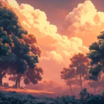 A quiet forest bathes in warm light as clouds glow softly above.