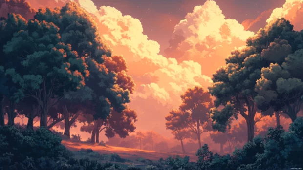 A quiet forest bathes in warm light as clouds glow softly above.