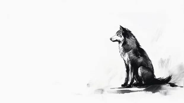 A quiet moment of a sitting wolf in black ink sketch form, ideal for minimalist wolf wallpaper.
