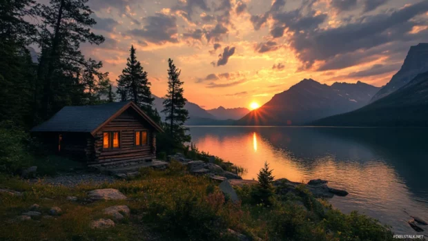 A quiet sunrise transforms the landscape in this Sunrise Wallpaper with Lake view.