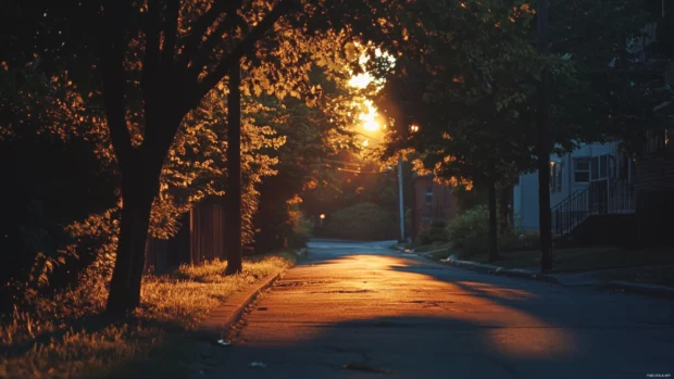 A quiet urban landscape illuminated by sunrise light.