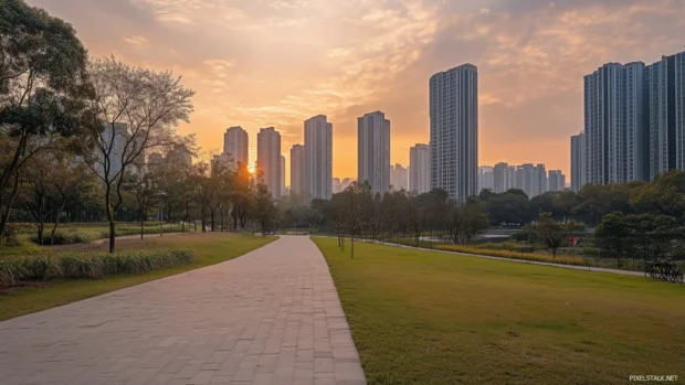 A quiet urban park with buildings faintly visible in the background.