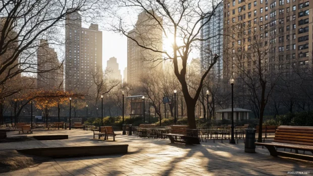 A quiet urban park with buildings faintly visible in the background.