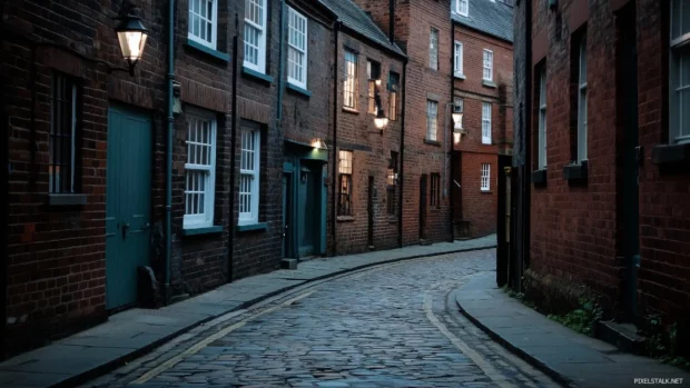 A quiet urban street with a few buildings and street lamps.