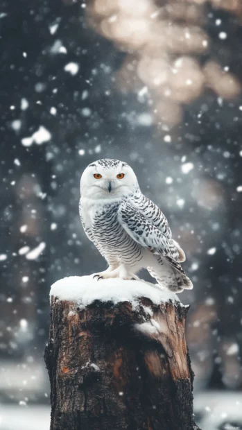 A quiet vertical scene of a snowy owl perched on a tree stump, surrounded by windblown snow.