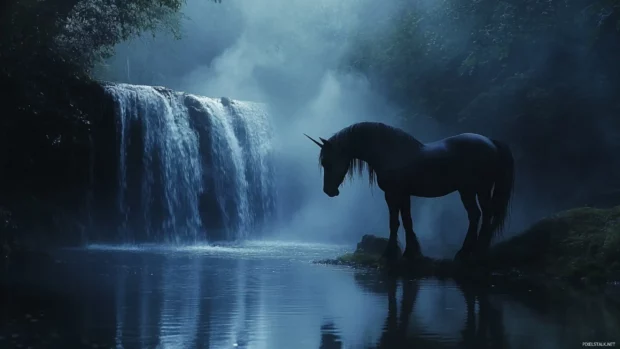 A quiet waterfall reflects the unicorns silhouette.