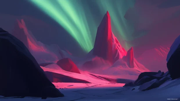 A radiant aurora borealis over a snowy landscape, with shades of green, pink, and purple streaking across the night sky.