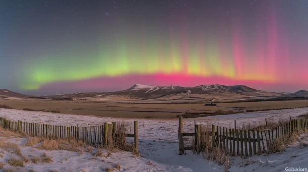 A radiant aurora borealis over a snowy landscape, with shades of green, pink, and purple streaking across the night sky.