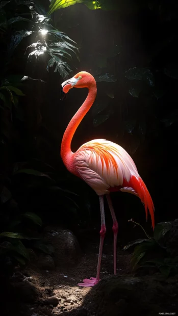 A radiant flamingo glowing softly in the shadows of a dense jungle.