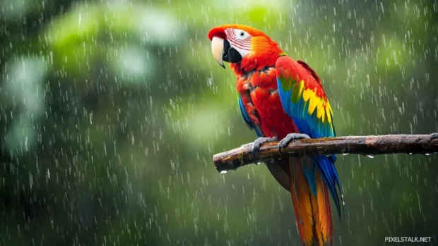 A radiant scarlet macaw highlighted by rain droplets during a passing jungle storm.