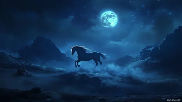 A radiant unicorn gallops across moonlit hills in this stunning Unicorn Wallpaper.