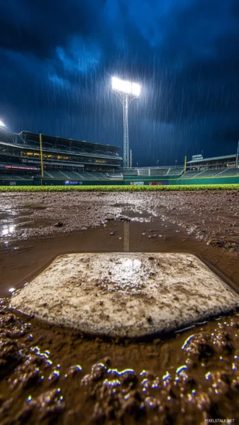 A rain soaked baseball field, puddles forming in the dirt and reflections of stadium lights in the water.