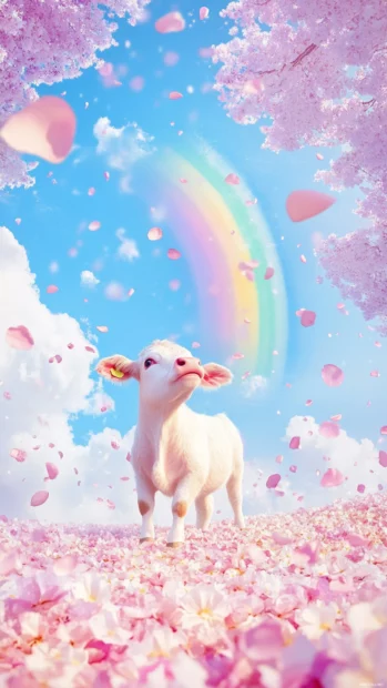 A rainbow scene with cow twirling among petals from Cute Kawaii Cow wallpaper aesthetic.