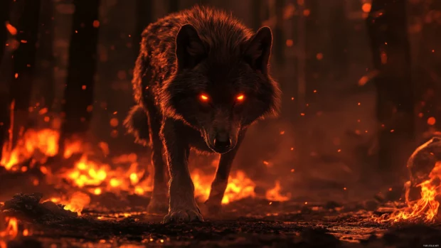 A realistic red wolf standing on scorched earth with glowing eyes.