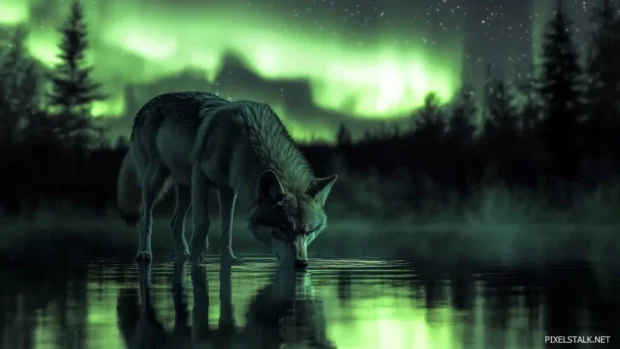 A realistic scene of a lone wolf drinking from a calm lake reflecting northern lights.
